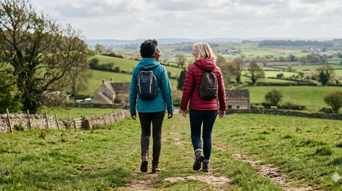 2 women walking slowly in the countryside
