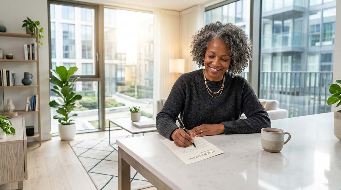 A woman writing in her daily journal.
