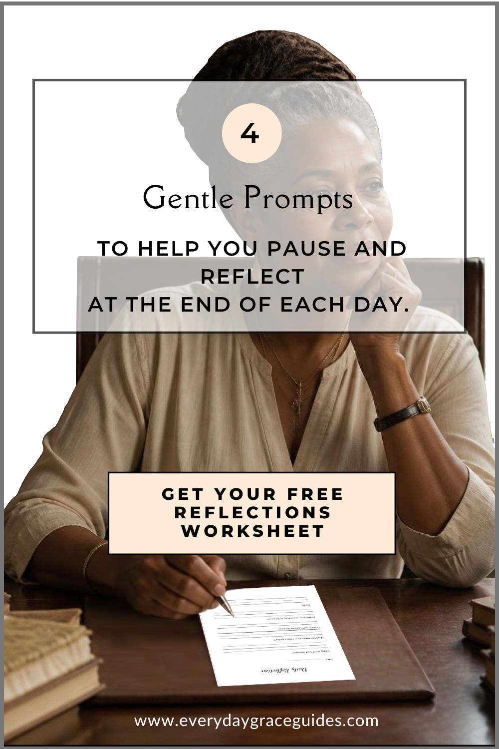 A black woman in her 60s reflects, whilst filling in a Daily Reflection Journaling Worksheet
