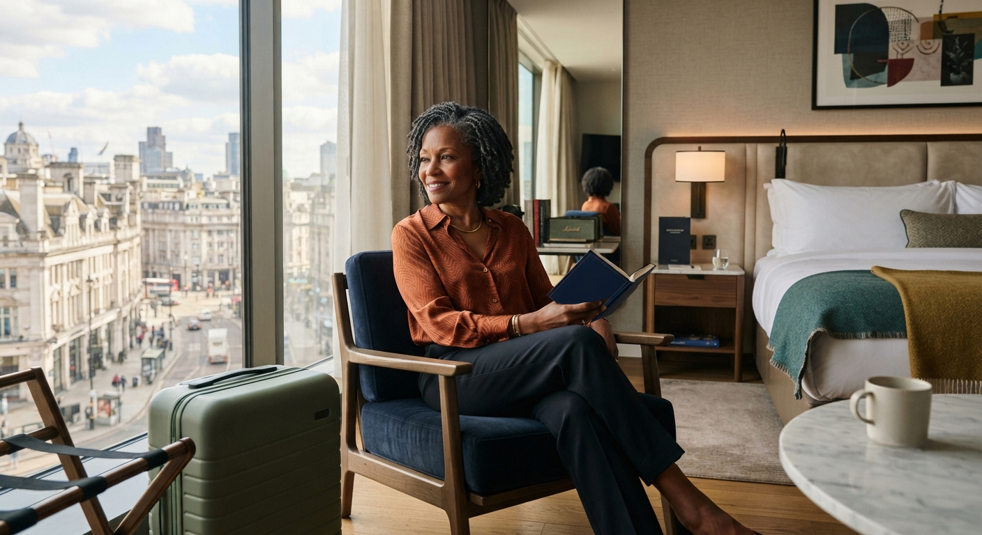 A woman Over 50 in a hotel room with a book in her hand