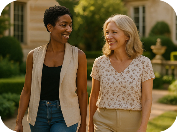 2 midlife women walking and talking
